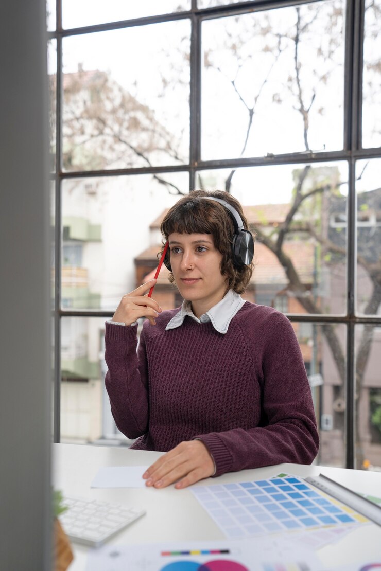 Foto gratuito joven diseñadora trabajando