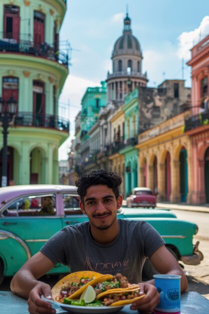 Joven disfrutando de la comida de la calle