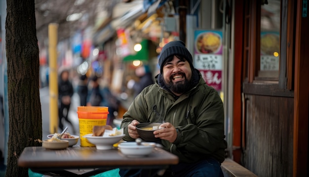 Foto gratuita joven disfrutando de la comida de la calle