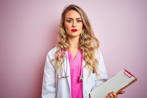 Foto gratuita joven doctora hermosa sosteniendo portapapeles sobre fondo rosa aislado con una expresión de confianza en la cara inteligente pensando en serio