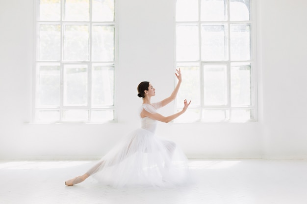 Joven e increíblemente bella bailarina está posando y bailando en un estudio blanco