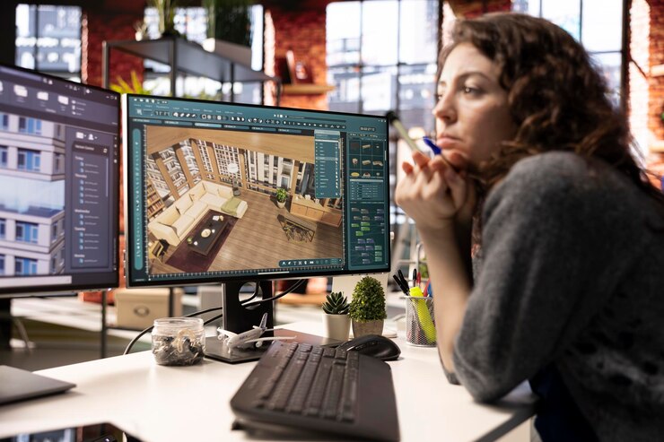 Foto gratuito una joven editora utiliza una interfaz digital para diseñar un plano de piso de un apartamento