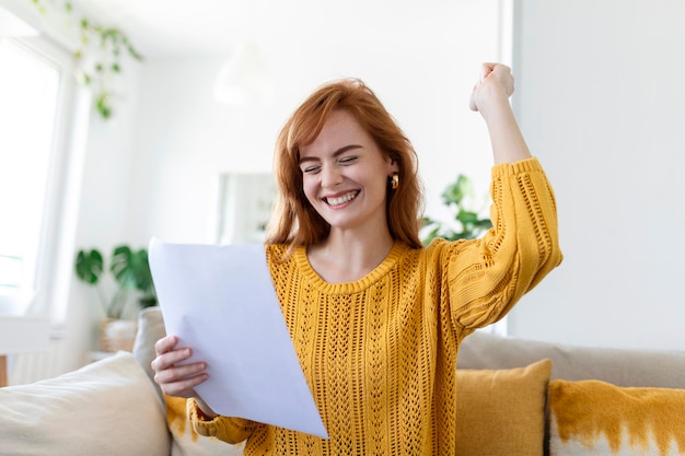 Una joven emocionada sostiene una carta en papel y se siente eufórica al recibir un ascenso laboral o un reembolso de impuestos del banco. Una mujer feliz leyendo un documento de papeleo sonriendo de buenas noticias agradables obteniendo una beca para estudiantes.