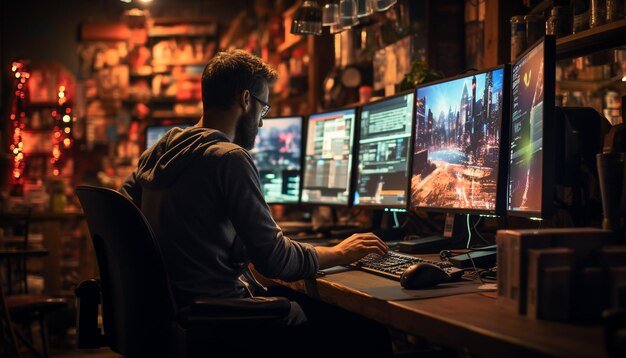 Joven empresario adulto trabajando tarde por la noche en tecnología informática generada por inteligencia artificial