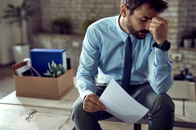 Joven empresario frustrado sosteniendo su cabeza con dolor después de ser despedido en el trabajo