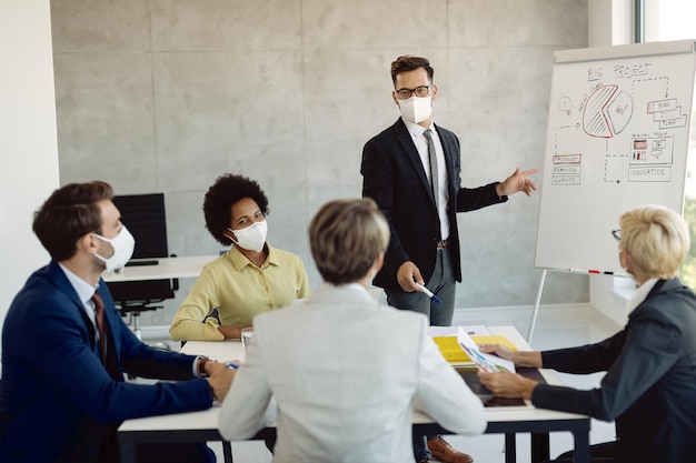 Joven empresario con mascarilla presentando a sus compañeros de trabajo un nuevo proyecto en pizarra en la oficina