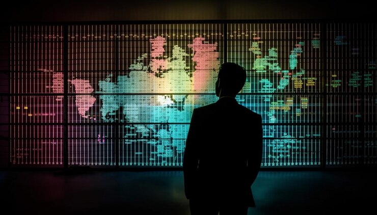 Foto gratuito joven empresario parado frente a un brillante mapa mundial generado por ia