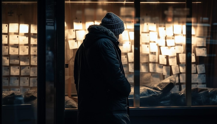 Foto gratuito joven empresario parado en la ventana reflexionando sobre la creatividad generada por ai