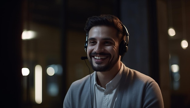 Joven empresario sonriente escuchando con auriculares en interiores generados por IA