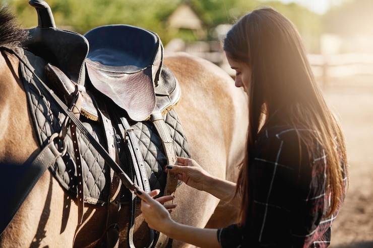 Foto gratuito joven entrenadora de caballos de carreras preparando y cerrando la silla