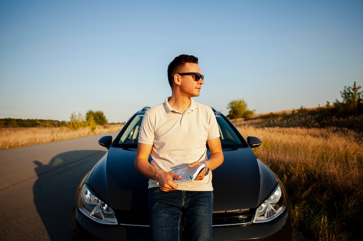 Foto gratuito joven, estacionamiento, en el borde de la carretera