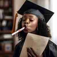 Foto gratuita joven estudiante afroamericana con gorra de graduación y bata con diploma y silbido