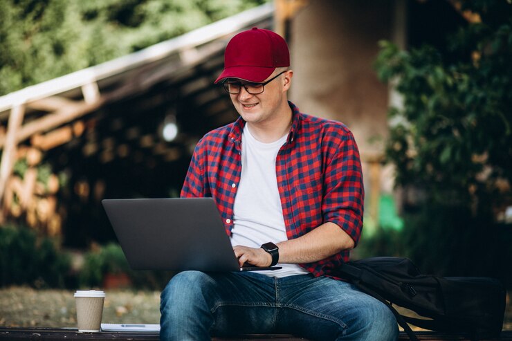 Foto gratuito joven estudiante trabajando en una computadora fuera del café en el parque