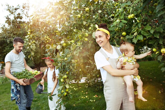 La joven familia feliz durante la recolección de manzanas en un jardín al aire libre