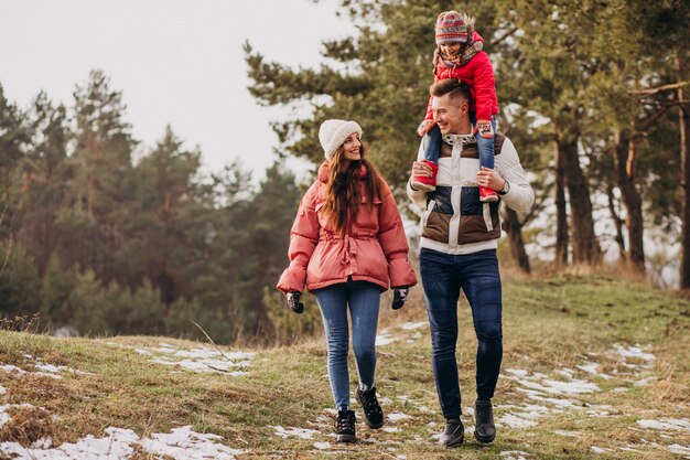 Joven familia juntos caminando en el bosque en invierno