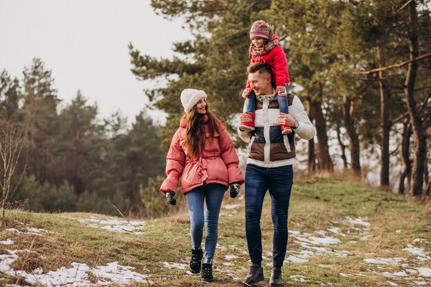 Joven familia juntos caminando en el bosque en invierno