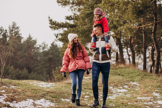 Joven familia juntos caminando en el bosque en invierno