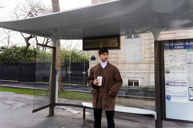 Joven francés esperando en la estación el autobús y bebiendo café