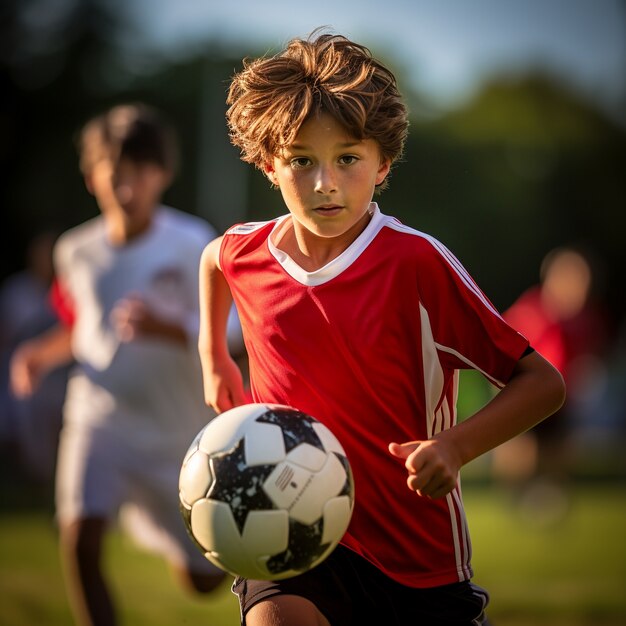 Joven futbolista durante el partido con pelota