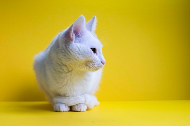 Un joven gato blanco doméstico descansando en una posición cómoda sobre un fondo amarillo