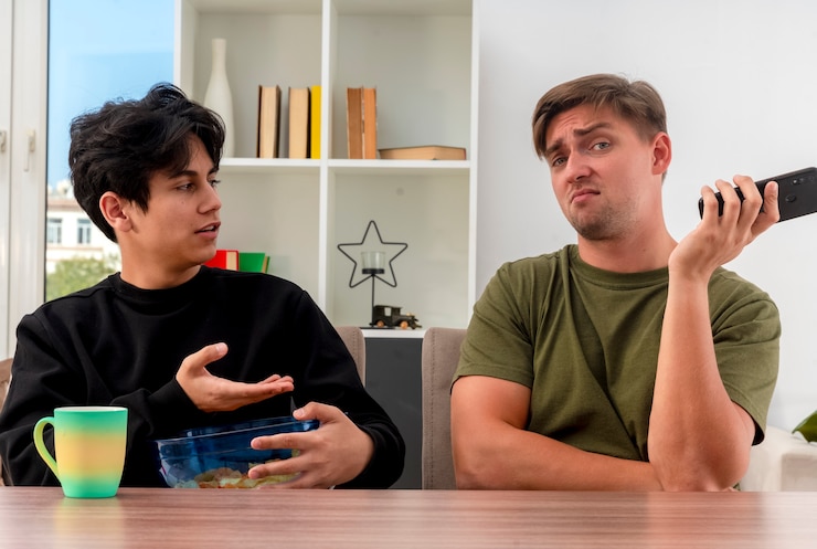 Foto gratuito el joven guapo rubio no complacido sostiene el teléfono y mira a la cámara sentado en la mesa con un chico guapo morena joven confundido sosteniendo un tazón de papas fritas mirándolo dentro de la sala