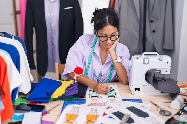 Joven hermosa mujer hispana sastre sonriendo seguro dibujando diseño de ropa en sastrería