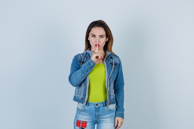 Joven hermosa mujer mostrando gesto de silencio en traje de mezclilla y mirando enfocado. vista frontal.