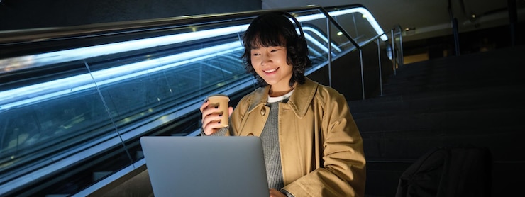 Foto gratuito la joven hipster con auriculares se sienta en la escalera bebe café y trabaja en sus estudios portátiles en