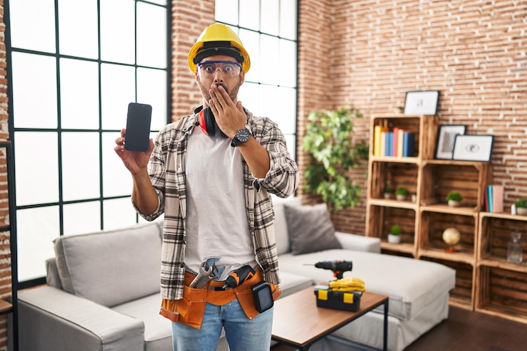 Foto gratuito joven hispano con barba trabajando en la renovación del hogar sosteniendo un teléfono inteligente cubriendo la boca con la mano sorprendido y asustado por error expresión sorprendida