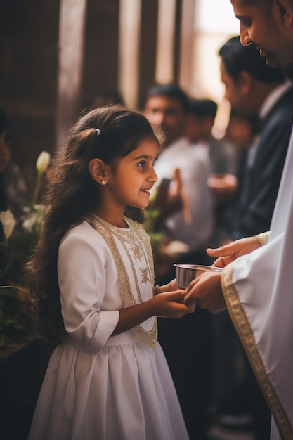 Foto gratuita una joven en la iglesia experimentando su primera ceremonia de comunión