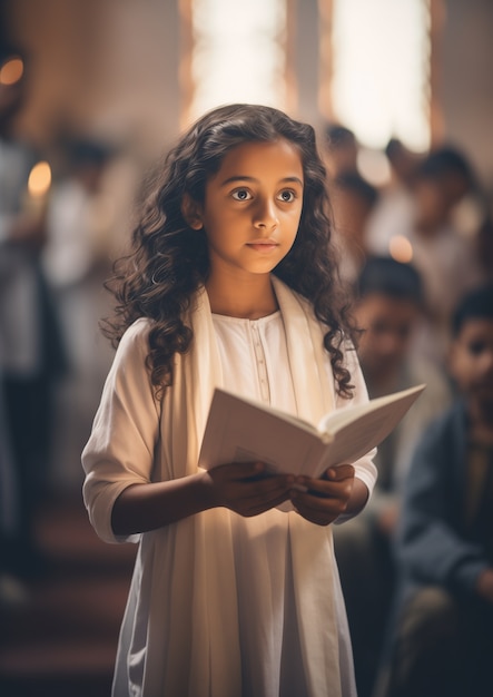 Foto gratuita una joven en la iglesia experimentando su primera ceremonia de comunión