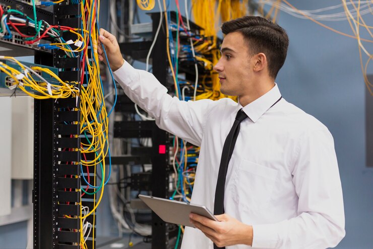 Foto gratuito joven ingeniero comercial con una tableta de tiro medio