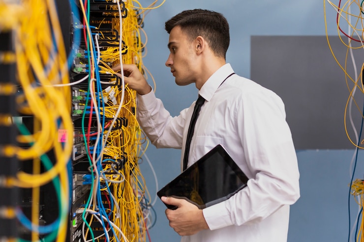 Foto gratuito joven ingeniero comercial con una tableta de tiro medio