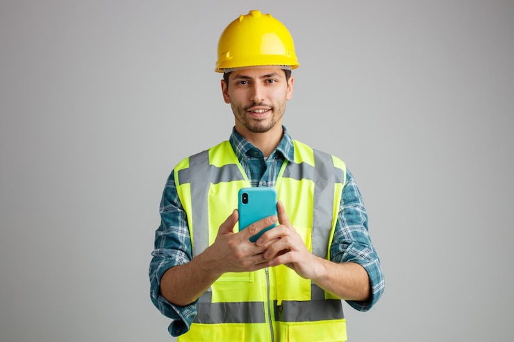Foto gratuito un joven ingeniero complacido con casco de seguridad y uniforme sosteniendo un teléfono móvil con ambas manos mirando la cámara aislada de fondo blanco