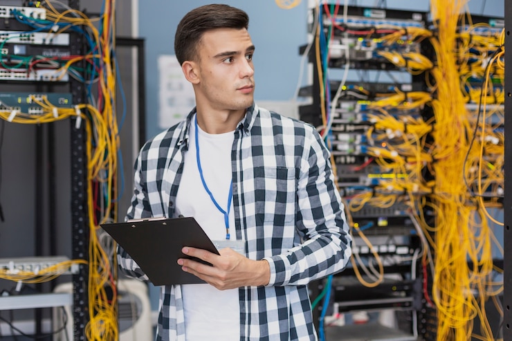Foto gratuito joven ingeniero en sala de servidores