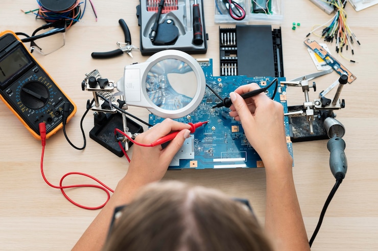 Foto gratuito joven inventora creando en su taller