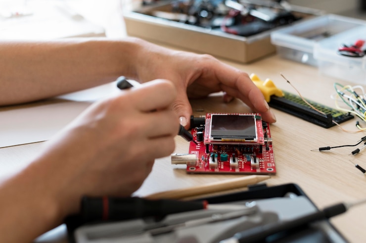 Foto gratuito joven inventora en su taller