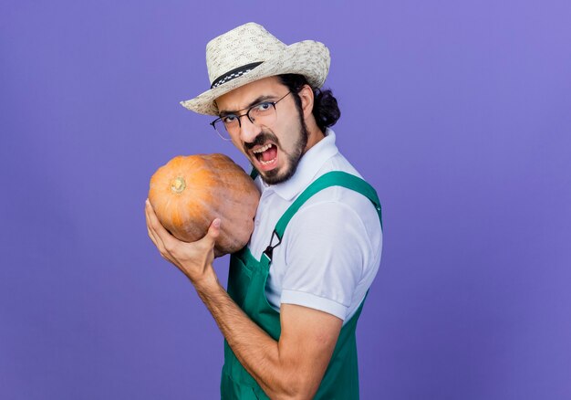 Joven jardinero barbudo hombre vestido con mono y sombrero sosteniendo calabaza mirando al frente con cara enojada de pie sobre la pared azul