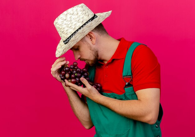 Joven jardinero eslavo guapo en uniforme y sombrero sosteniendo y mirando uva