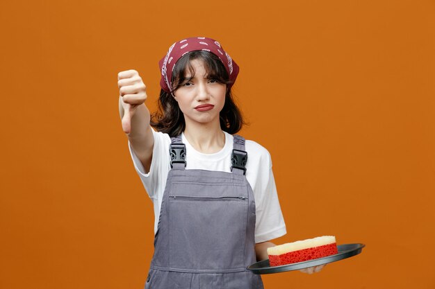 Joven limpiadora disgustada con uniforme y bandana sosteniendo una bandeja con una esponja mirando a la cámara mostrando el pulgar hacia abajo aislado en un fondo naranja