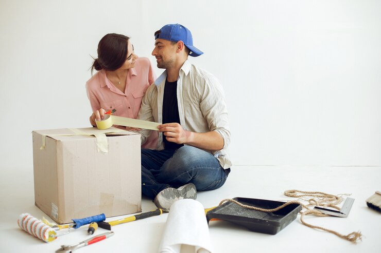 Foto gratuito la joven y linda familia repara la habitación.