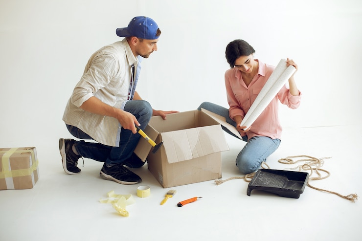 Foto gratuito la joven y linda familia repara la habitación.