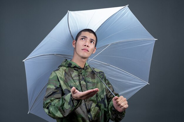 El joven lleva un impermeable de camuflaje y muestra diferentes gestos.