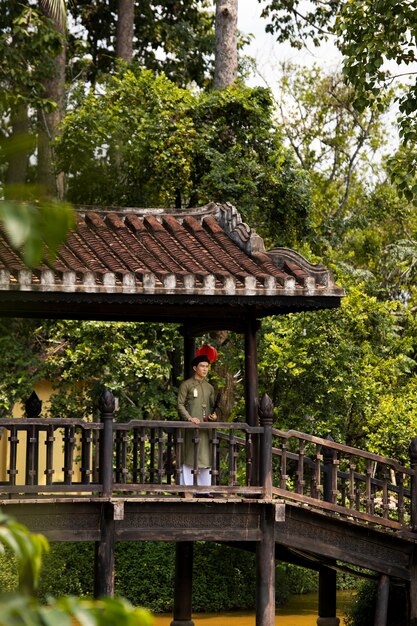 joven, llevando, ao dai, disfraz