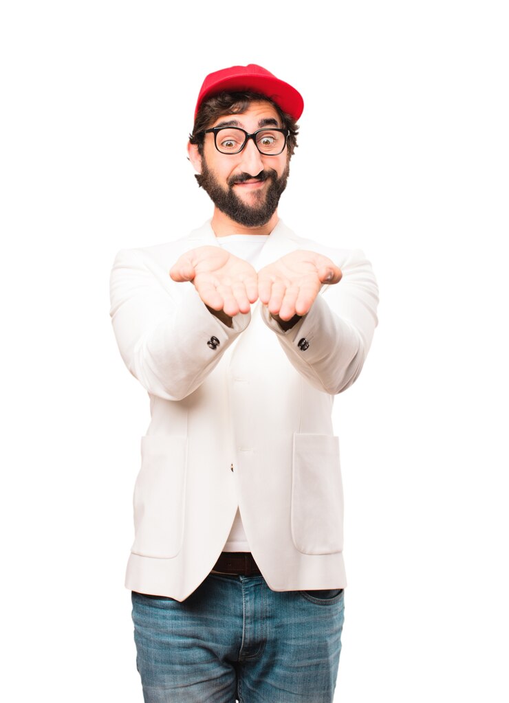 Foto gratuito joven loco empresario mostrando signo