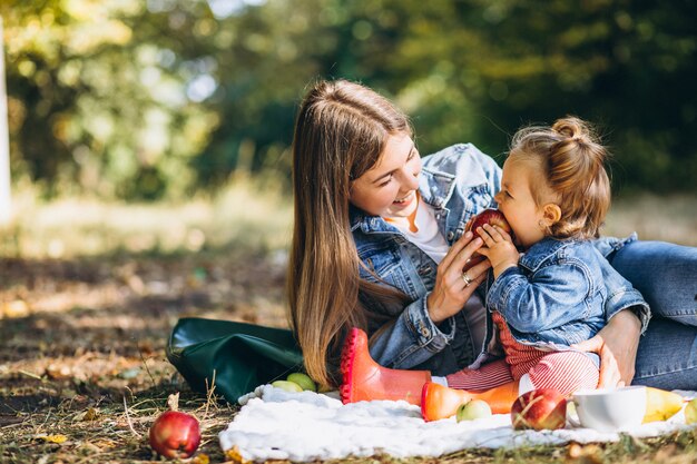 Joven madre con su pequeña hija en un parque de otoño con picnic