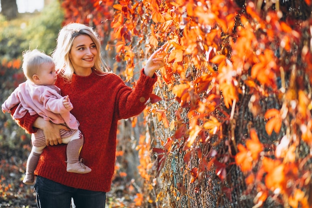 Joven madre con su pequeña hija en un parque de otoño