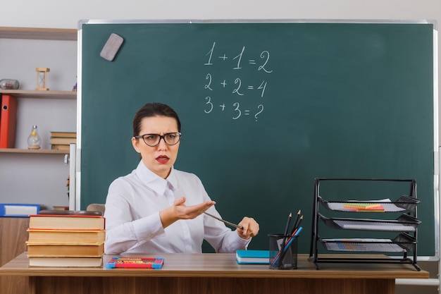 Joven maestra con anteojos sosteniendo un puntero mientras explica la lección con el ceño fruncido y disgustada sentada en el escritorio de la escuela frente a la pizarra en el aula