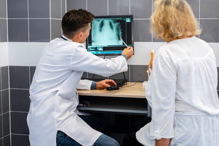 Foto gratuito joven médico mostrando una radiografía