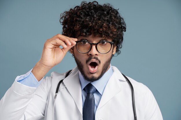 Joven médico preparándose para el trabajo